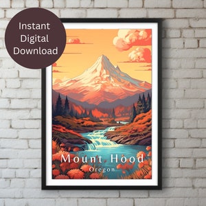 Mt Hood Oregon Vintage WPA Style Travel Poster, art print, printable wall art, instant download, Pacific Northwest, PNW, wildflowers art
