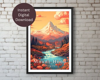 Mt Hood Oregon Vintage WPA Style Travel Poster, art print, printable wall art, instant download, Pacific Northwest, PNW, wildflowers art