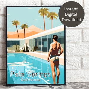 Könnte beinhalten: Eine Illustration im Retro-Stil eines Mannes, der an einem Swimmingpool vor einem modernen Haus mit Palmen steht. Der Text "Palm Springs California" befindet sich am unteren Rand des Bildes.