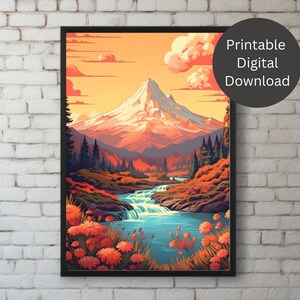 Mt Hood Oregon Vintage WPA Style Wall Art, art print, printable wall art, instant download, Pacific Northwest, PNW, wildflowers art, river