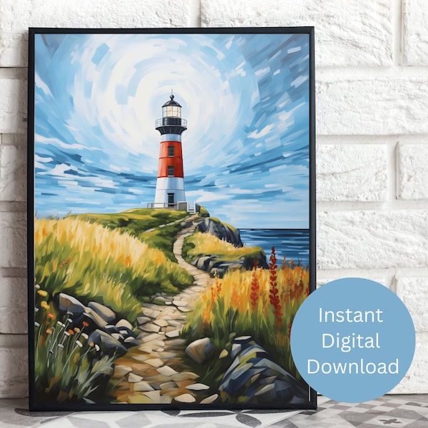 Lighthouse Painting Beacon of Hope Wall Art, Storybook Fairytale Style, Vintage, Whimsical, Art Print, Instant Download, Printable Art