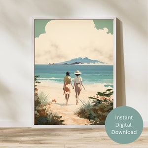 Vintage lesbian beach couple, LGBTQ art print, printable wall art, wall decor, instant digital download,  midcentury modern painting, gay