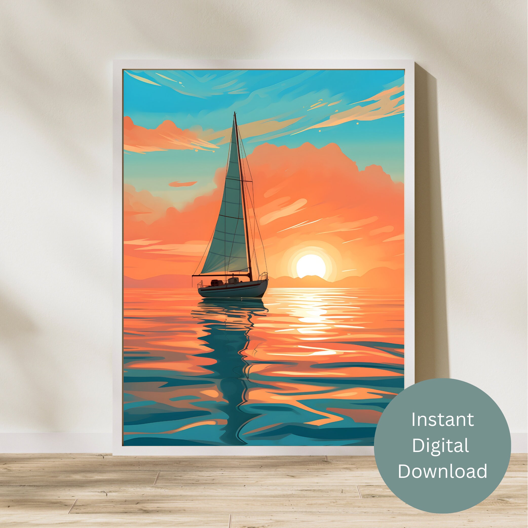 Sailing into the Sunset Vintage WPA Style Wall Art, midcentury modern, art print, printable wall art, digital download, coastal, sailboat