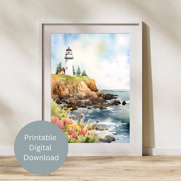 Vintage Watercolor Pacific Northwest Lighthouse Wall Art, art print, printable wall art, instant digital download, Washington, Oregon, PNW