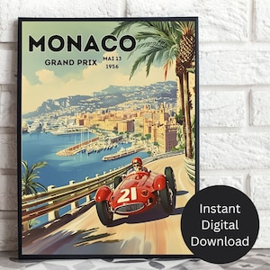 Gran Premio de F1 1956 Mónaco Vintage Retro Style Wall Art, Francia, Riviera Francesa, Carreras, Recuerdos de coches de carreras, Descarga instantánea de impresión de arte