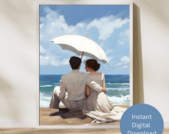 Vintage 1900s Beach Romance Wall Art, art print, printable wall art, instant download, vintage painting, art deco, man & woman romantic art