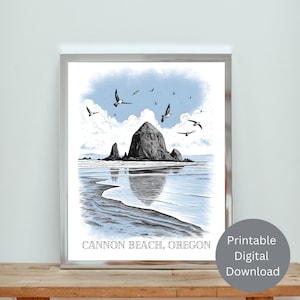 Cannon Beach Oregon Vintage Illustration Wall Art, art print, printable wall art, instant download, Haystack Rock, Pacific Northwest, PNW