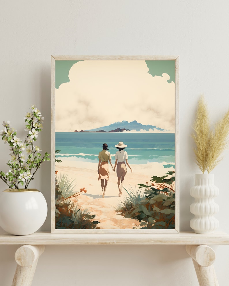 Vintage Lesbian Beach Couple, LGBTQ Art Print, Printable Wall Art, Wall