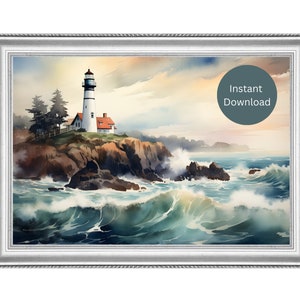 Vintage Watercolor Stormy Lighthouse Wall Art, art print, printable wall art, instant digital download, Washington, Oregon, PNW, Waves