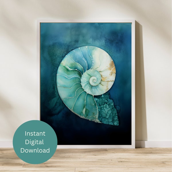 Watercolor Nautilus Shell Sea Life Wall Art, Sacred Geometry, Golden Ratio, vintage art print, printable wall art, instant download art