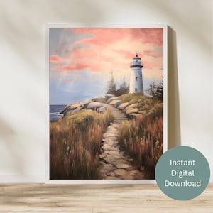 Vintage Style Rustic Whimsical Lighthouse Painting, Oregon, Washington, California, Pacific Northwest, Coastal, Nautical, Wall Art Print