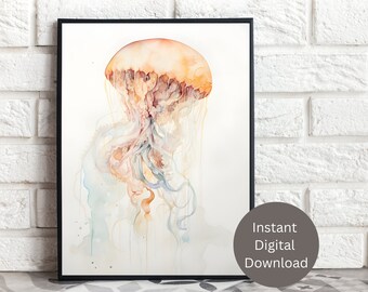 Jellyfish Watercolor Wall Art, Art Print, Jellyfish Painting Wall Art Decor, Jellyfish Painting, Jellyfish Art Painting, Sea Life Art
