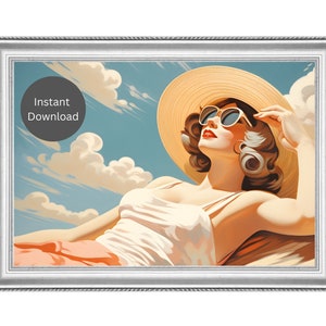 Vintage Chic Woman Lounging on the Beach Wall Art, art print, printable wall art, instant download, vintage painting, WPA, midcentury modern