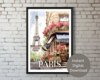 Vintage Watercolor Eiffel Tower Paris France Wall Art, art print, printable wall art, instant digital download, travel art, cityscape