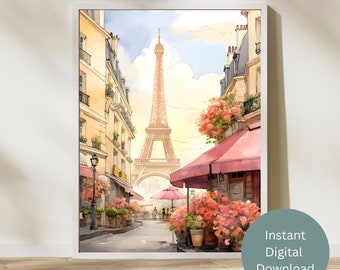 Vintage Watercolor Eiffel Tower Paris France Wall Art, art print, printable wall art, instant digital download, travel art, romantic, floral