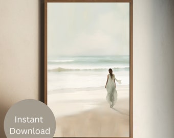 Vintage Boho Küsten Frau zu Fuß am Strand Wandkunst, Kunstdruck, druckbare Wandkunst, sofortiger download, beige, salbeigrün Kunst, Wellen, Meer