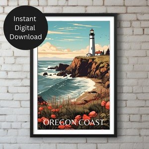 Oregon Coast Vintage WPA Style Pacific Northwest Lighthouse Wall Art, art print, printable wall art, instant digital download, coastal