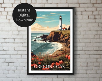 Oregon Coast Vintage WPA Style Pacific Northwest Lighthouse Wall Art, art print, printable wall art, instant digital download, coastal