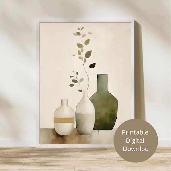 Sage green vases and eucalyptus wall art, art print, printable wall art, instant digital download, abstract print, boho wall art, wall decor