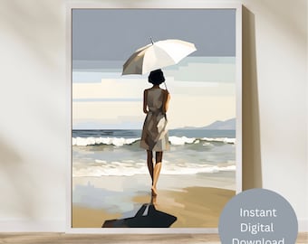 ビーチを歩くヴィンテージ シックな女性 ウォール アート、アート プリント、印刷可能なウォール アート、即時ダウンロード、ヴィンテージ ペインティング、WPA、ミッドセンチュリー モダン