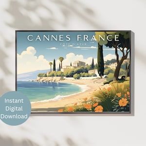 Cannes Francia Costa Azul Vintage Travel Poster Wall Art, Riviera Francesa, Mónaco, Niza, Playa, Costera, Arte de pared imprimible, Descarga instantánea