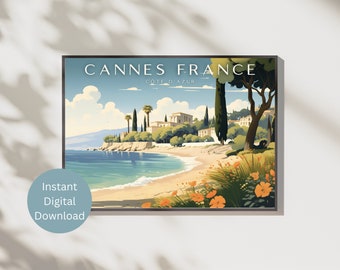 Cannes France Côte d&#39;Azur Vintage Travel Poster Wall Art, French Riviera, Monaco, Nice, Beach, Coastal, Printable Wall Art, Instant Download