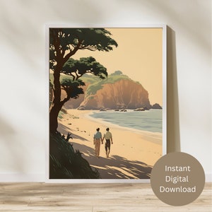 Vintage gay beach couple LGBTQ art print, printable wall art, wall decor, instant digital download, WPA style, midcentury modern, coastal