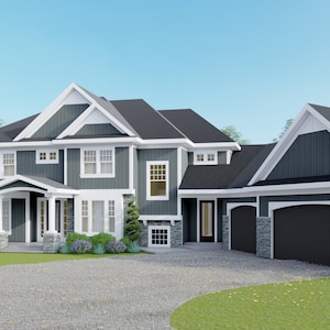 May include: A two-story house with a gray exterior and white trim. The house has a large front porch with white columns and a gray roof. There is a driveway leading up to the house and a grassy lawn in front.