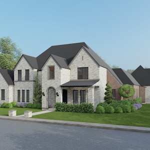 Könnte beinhalten: Ein großes, zweistöckiges, weißes Backsteinhaus mit einem schwarzen Dach. Das Haus hat eine große Veranda mit einem schwarzen Vordach und einen großen Vorgarten mit grünem Rasen und Büschen.