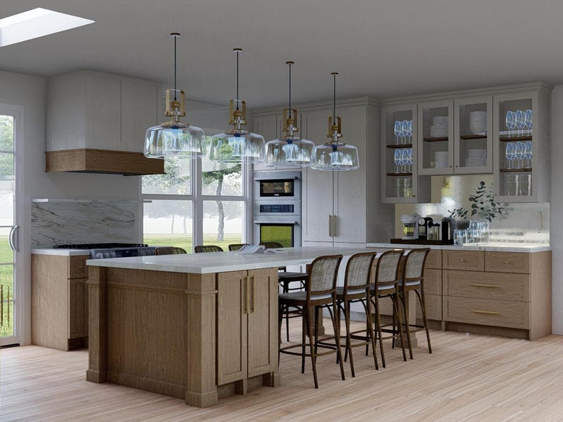 May include: A modern kitchen with a large island, pendant lights, and bar stools. The island has a light wood finish and a white countertop. Cabinets and appliances are visible in the background.