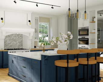 Progettazione di interni di cucine, ristrutturazione di cucine, progettazione di cucine su misura, rendering architettonico 3D, servizi di e-design di interni professionali