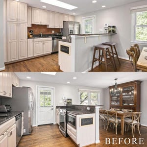 May include: A before and after image of a kitchen renovation. The top image shows a kitchen with light-colored cabinets, stainless steel appliances, and a breakfast bar with stools. The bottom image shows the renovated kitchen with updated appliances and dining area.