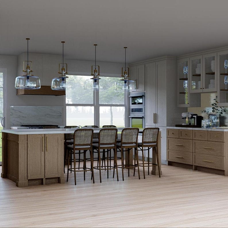 May include: A modern kitchen with light wood cabinets, a large island with woven bar stools, and glass pendant lights. The kitchen features a built-in oven and a large window overlooking a green outdoor space. The flooring is light wood.