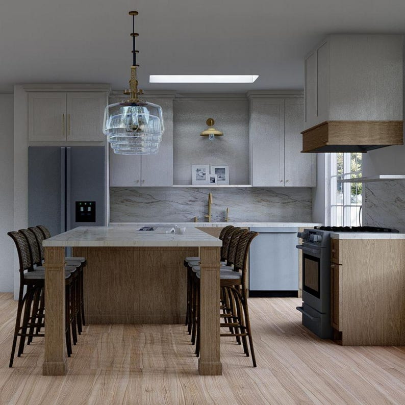 May include: A modern kitchen with light wood flooring, a large island with seating, and a glass chandelier. The kitchen features white cabinets, a stainless steel refrigerator, and a gas range. The island has six bar stools.