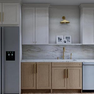 May include: A modern kitchen with light-colored cabinetry and a stainless steel refrigerator. The kitchen features a marble countertop, a gold faucet, and a stainless steel dishwasher. Decorative framed pictures are on a shelf above the sink.