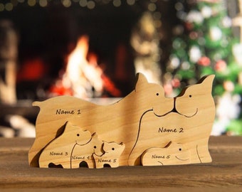 Casse-tête de famille avec chien en bois, casse-tête de chien avec nom, sculptures d'animaux en bois, casse-tête de couple de chiens mignons, maman de chien, jouets pour chien, cadeau d'anniversaire