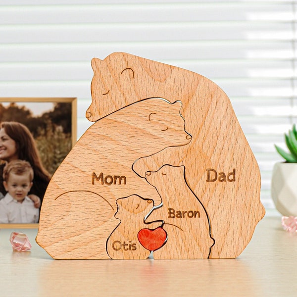 Personalized Wooden Bear Puzzle, Custom Bear Figurines, Engraved Family Name Puzzle, Animal Wooden Bears Family Puzzle, DIY Art Puzzle