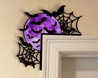 Halloween Wooden Door Corner Sign, Door Corner Sign, Spider Web Moon and Bats Corner Decor, Spider Web Door Decor, Halloween Gift for Family