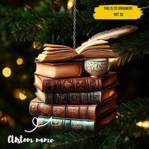 Personalized Bookshelf 2D FLAT hristmas Ornament, Vintage Book Stack Light Bauble, Custom Librarian Gift For Book Lover