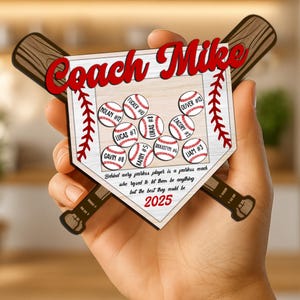 Könnte beinhalten: Baseball-Themen-Holztafel mit dem Text "Coach Mike" in roter Schrift. Die Tafel zeigt Basebälle mit Spielernamen und -nummern. Der Text "Hinter jedem furchtlosen Spieler..." und das Jahr "2025" sind ebenfalls sichtbar. Zwei Baseballschläger aus Holz befinden sich hinter der Tafel.