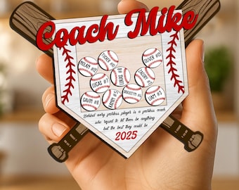 Puede incluir: Placa de madera con temática de béisbol con el texto "Coach Mike" en escritura roja. La placa presenta pelotas de béisbol con nombres y números de jugadores. También es visible el texto "Detrás de cada jugador intrépido..." y el año "2025". Dos bates de béisbol de madera están detrás de la placa.