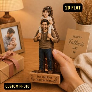 May include: A 2D flat wooden figurine of a person carrying a child on their shoulders. The person wears a brown long-sleeve shirt and blue jeans. The child wears a white outfit. The base is engraved with the text: Best Dad Ever Daddy & Emma.