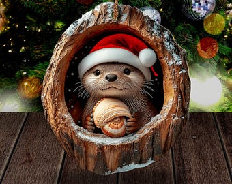 Cute Otter Christmas 2D Flat Printed Not 3D Ornament Otter Wood Ornament Christmas Tree Decor For Animal Lover Koala Lover Decor Xmas Gift