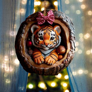 Tiger Christmas 2D Flat Printed Not 3D Wood Ornament Custom Cute Tiger Ornament For Animal Lover Tiger Lover Tiger Christmas Gift For Family