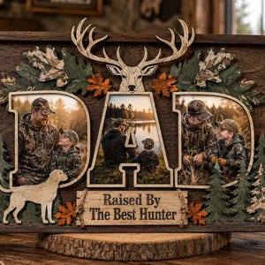 May include: A wooden photo frame with the word "DAD" in large letters. The frame features a deer head, camouflage accents, and the text "Raised By The Best Hunter." It holds three family photos.