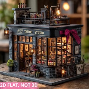 Estudio de tatuajes en miniatura, adorno plano 2D, diorama de edificio vintage, regalo, decoración artesanal para coleccionistas de tiendas de tatuajes.