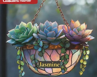 Succulent Hanging Basket Acrylic Suncatcher, Faux Stained Glass Window Plant Decor Gift For Plant Lovers Gift for Plant Mom Garden Decor