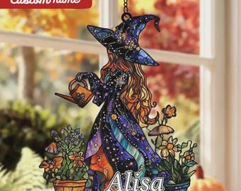 Gartenhexe Acryl Sonnenfänger - Verzauberte Kräuterkundler Faux Buntglas Fenster hängend Halloween Dekor Geschenk für Pflanzenliebhaber