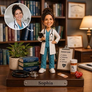 Puede incluir: Una figura cabezona personalizada de enfermería con bata blanca sobre uniforme verde azulado y estetoscopio al cuello. La base incluye el nombre Sophia, un portapapeles con Patient Care, un frasco de pastillas y un pequeño corazón rojo.