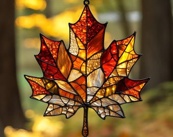 Capteur de soleil en acrylique feuille d'érable | Décoration d'automne en faux vitrail à suspendre